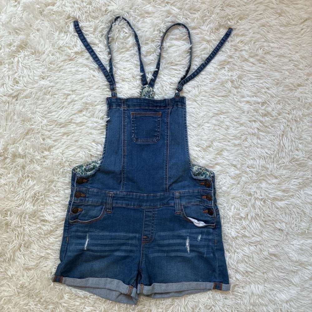 Wax Jean blue denim romper with floral lining and adjustable straps